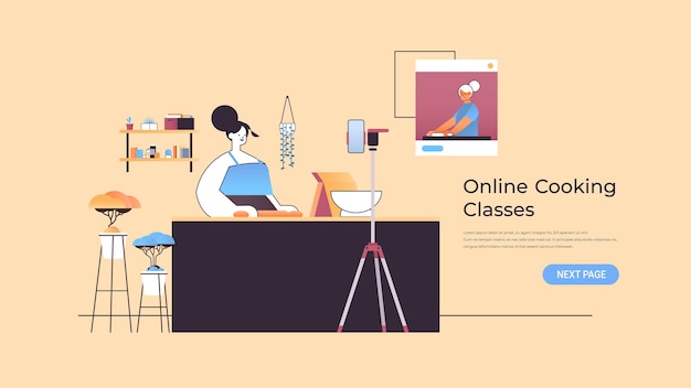 vrouw eten blogger voorbereiding gerecht tijdens het kijken naar video tutorial met vrouwelijke chef-kok in web browservenster online koken les concept horizontale kopie ruimte illustratie