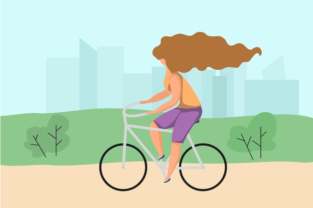 Vrouw fietsen in het park Fietsrijder jong meisje in casual kleding rijdt op fiets Gezonde familie poster buitenactiviteiten extreme sport vector cartoon platte stijl geïsoleerde illustratie
