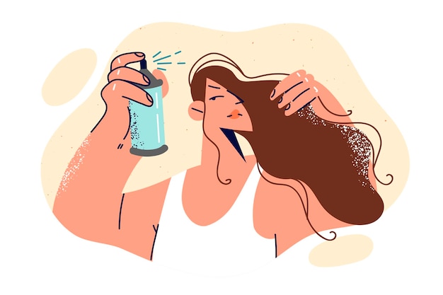 Vrouw gebruikt haarlak en bereidt zich voor op een feest door spray aan te brengen om een mooi kapsel te creëren Jong meisje wil een prachtig kapsel hebben en aantrekkelijk of gewild zijn bij mannen