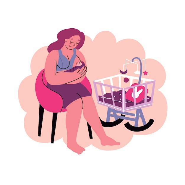 Vrouw geeft een baby borstvoeding terwijl ze in een stoel zit Jonge moeders die kinderen voeden Zwangerschapsverlof gelukkig moederschap natuurlijke voedingsconcept Vlakke stijl in vectorillustratie