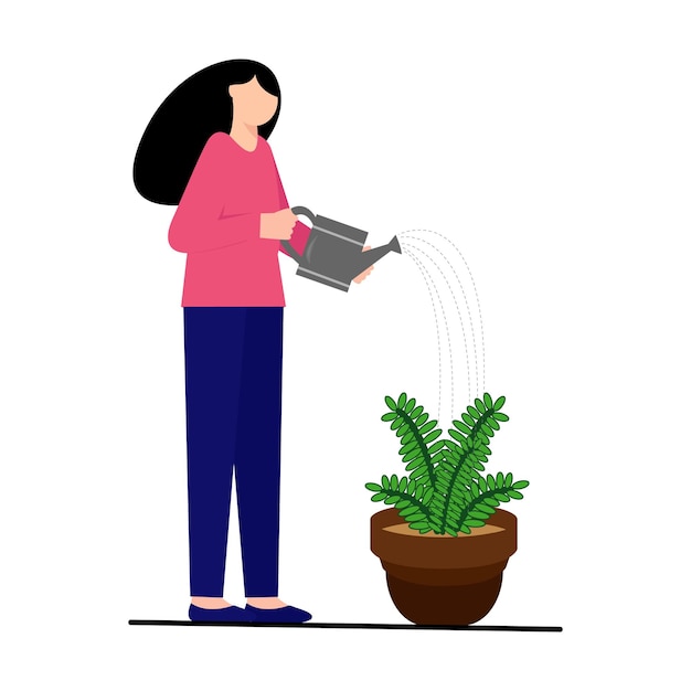 Vector vrouw geeft planten water. gelukkig meisje met gieter zorgt voor de natuur.
