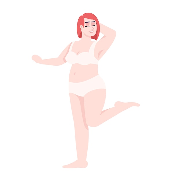 Vrouw gekleed in tweedelig zwempak platte vectorillustratie. Lichaam positief. Overgewicht. Plus size figuur. Kaukasische lachende dame met rood haar geïsoleerd stripfiguur op witte achtergrond