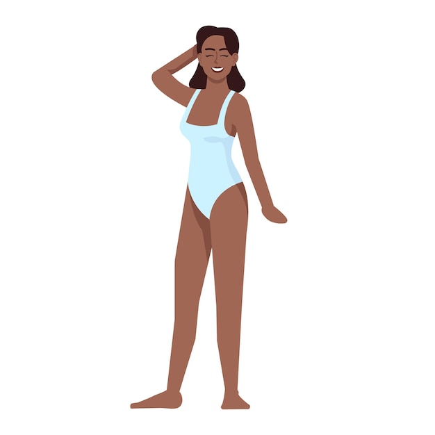 Vrouw gekleed in zwembroek platte vectorillustratie. Lichaam positief. Strijd voor gelijkheid en feminisme. Dun figuur. Afro-Amerikaanse lachende dame geïsoleerde stripfiguur op witte achtergrond