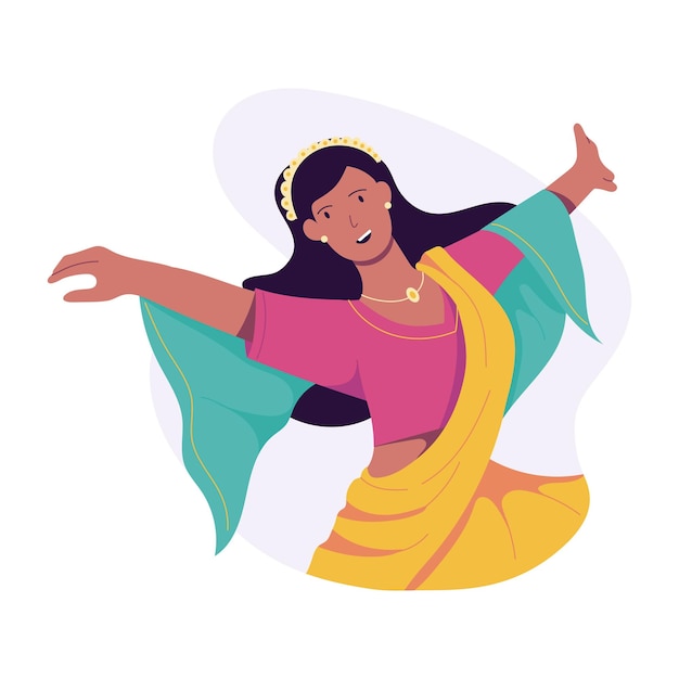 Vrouw geniet van diwali dans plat illustratie