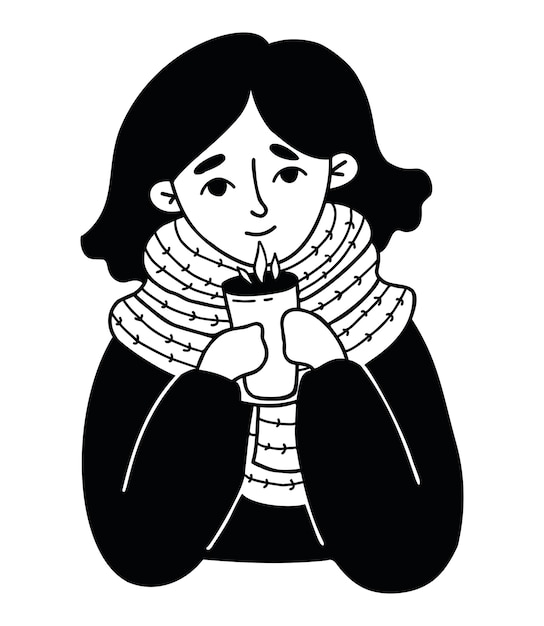 Vrouw gewikkeld in gebreide sjaal verwarmt zichzelf met hete thee Vector illustratie hand tekenen doodle