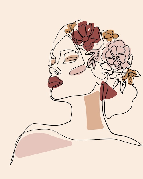 Vector vrouw gezicht met bloemen in haar haar lijn tekening kunst vector illustratie