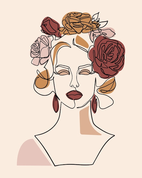 Vector vrouw gezicht met bloemen in haar haar lijn tekening kunst vector illustratie