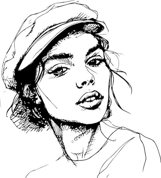 Vrouw gezicht met een hoed monoline eenvoudige hand tekening minimalistische illustratie