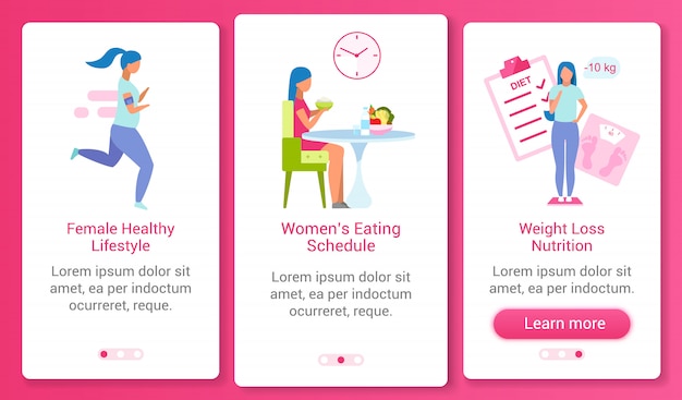 Vrouw gezonde levensstijl onboarding mobiele app schermsjabloon. Eten schema, gewicht controle walkthrough website stappen met personages. UX, UI, GUI smartphone cartoon interface-concept