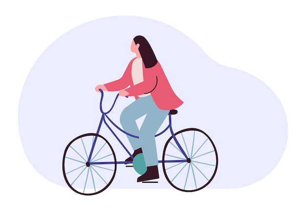 Vrouw gilr rijden fiets platte vectorillustratie