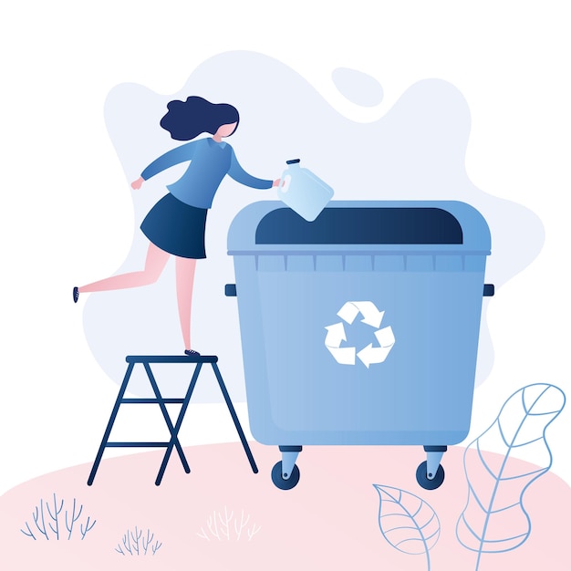 Vrouw gooit plastic afval grote vuilnisbak Recycling concept Vrouwelijke karakter vectorillustratie
