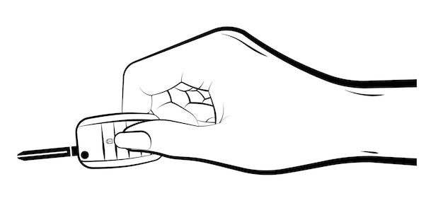 Vrouw hand houdt een opvouwbare autosleutel met afstandsbediening Auto alarm sleutelhanger zwart-wit vector