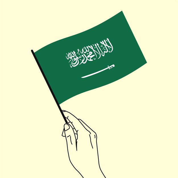 Vrouw hand met Saoedi-Arabië vlag in haar hand met lijn kunststijl Arabische vlag vectorillustratie