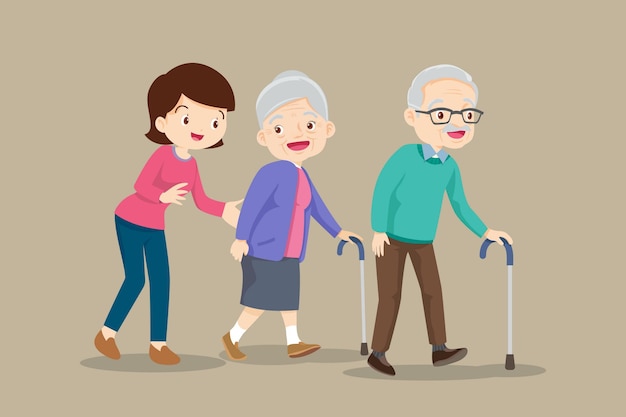 Vrouw helpen Bejaarde echtpaar wandelen door stok.