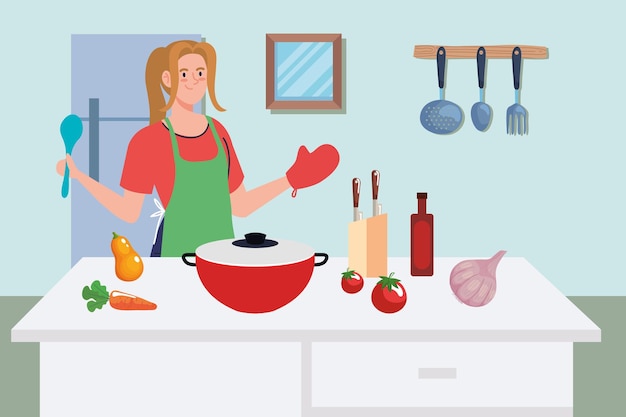 Vector vrouw het koken in keuken