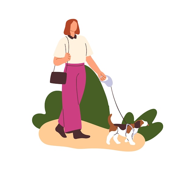 Vrouw, hondenbezitter die met puppy loopt, aan de leiband. Meisje gaat met hondje, wandelen buiten in de natuur. Vrouwelijk karakter en schattige pup. Platte vectorillustratie geïsoleerd op een witte achtergrond.