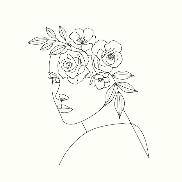 Vrouw hoofd met bloemen elegante lijntekeningen tekening