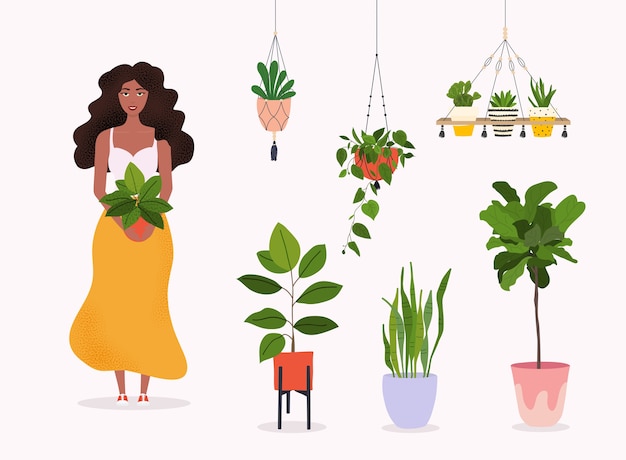 Vrouw houdt een plant in pot illustratie