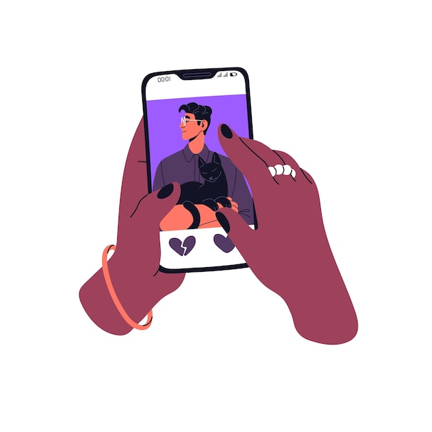 Vrouw houdt smartphone in handen Mensen swipen foto's maken keuze in online dating app Personen vinden liefdesrelatiepartner op internet Vlakke geïsoleerde vectorillustratie op witte achtergrond