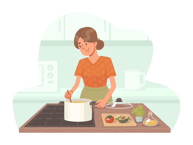 Vrouw huisvrouw kookt soep in de keuken Koken thuis zelfgemaakte schotel _ai_generated