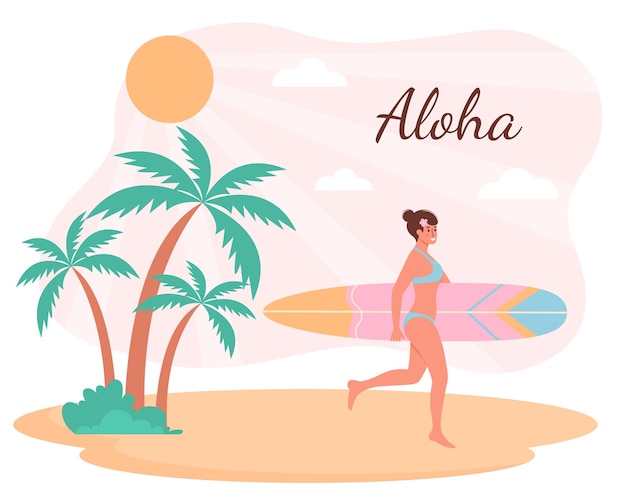 Vrouw in badpak met surfplank die op het strand looptTropische palmen zijn in de buurt van haar Aloha-tekst