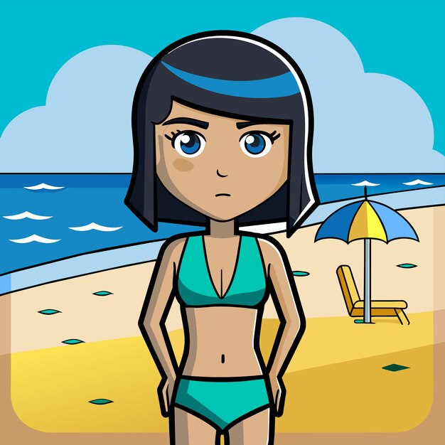 Vector vrouw in bikini zomer meisje op vakantie strand zwembroek vakantie hand getekend platte stijlvolle cartoon