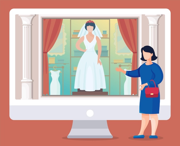 Vector vrouw in blauwe jurk website presenteren op het scherm van bruids salon bruiloft boutique stripfiguur