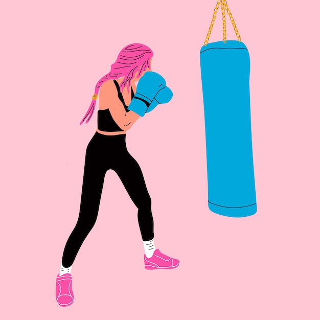 Vrouw in bokshandschoenen die zich voordeed op bokszak in sportkleding. Meisje macht concept. Cartoon vector