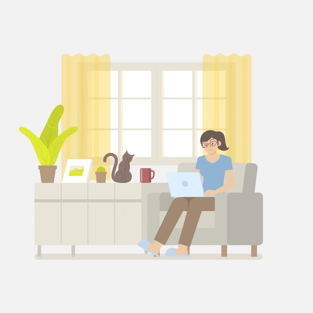 Vrouw in casual kleding thuis werken met laptop op fauteuil in een woonkamer in platte cartoon stijl
