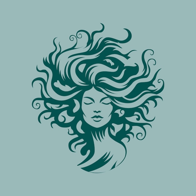 Vrouw in de vorm van een eik met golvend haar Abstract schoonheidsindustrie vector logo-ontwerp
