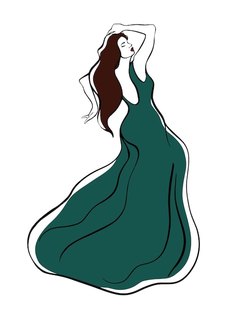 Vrouw in een groene lange jurk schets mode illustratie