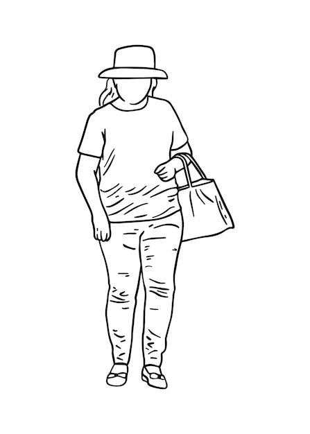 Vrouw in een hoed in een t-shirtbroek met een tas in haar handen doodle lineaire tekenfilmkleuring