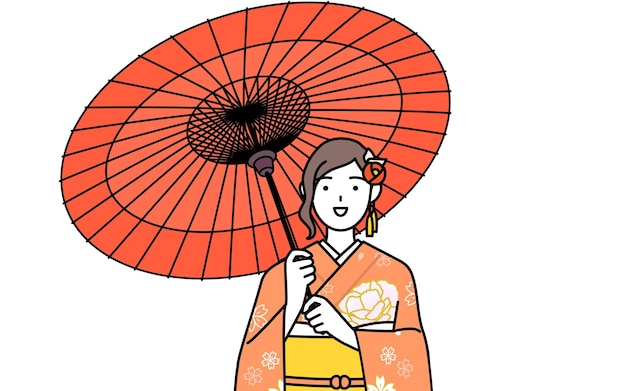 Vrouw in furisode houdt een japanse paraplu met glimlach vast