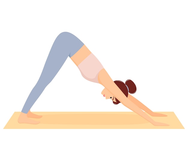 Vrouw in hond pose Meisje doet fitness- en yoga-oefeningen op mat Training vectorillustratie