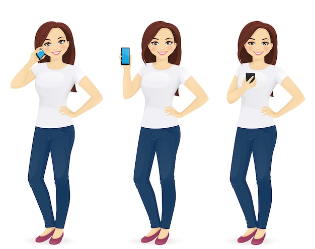 Vrouw in jeans met telefoon geïsoleerde vectorillustratie