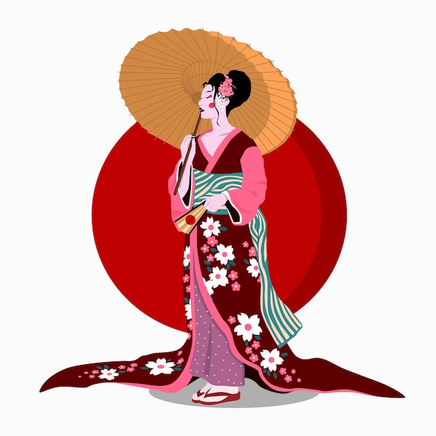 Vrouw in kimono met paraplu. Kleur platte cartoon vectorillustratie geïsoleerd op rode zon.