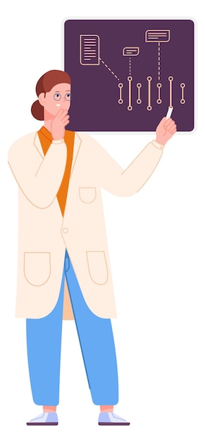 Vrouw in laboratoriumjas die wetenschappelijk diagram bekijkt Laboratoriumonderzoek