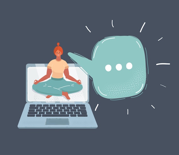 Vrouw in lotushouding die online yogabeoefening aankondigt via laptop