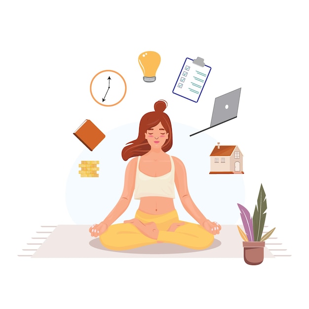 Vector vrouw in lotushouding mediteert en bereidt zich voor op de dag multitasking en evenwichtige levensstijl xa