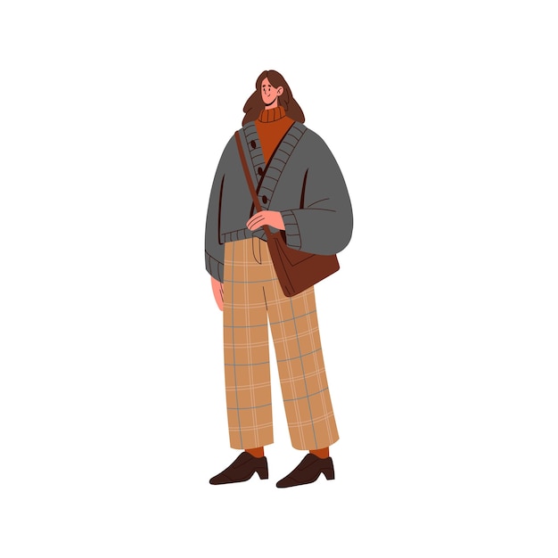 Vrouw in mode outfit dragen warme vest trui moderne broek tas Meisje in stijlvolle kleding winter en herfst kleding in casual stijl Flat vector illustratie geïsoleerd op witte achtergrond