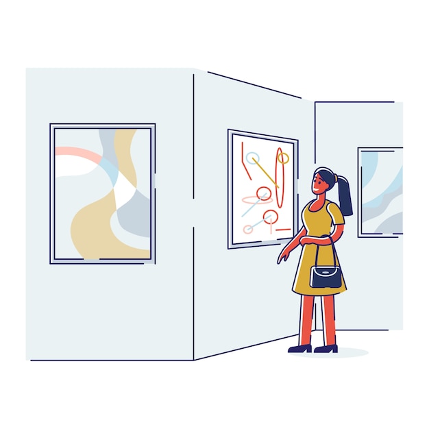 Vrouw in moderne kunstgalerie genieten van foto-expositie Cartoon vrouw kijken naar kunstwerken installatie