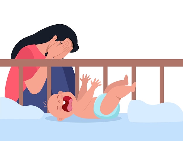 Vector vrouw in postpartumdepressie uitgeput en gestrest ongelukkige moeder naast de wieg van de pasgeborene een klein kind huilt hysterisch en trekt de handvatten omhoog vector illustratie