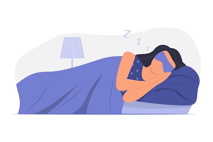 Vector vrouw in pyjama met slaapmasker en slaapt's nachts in bed concept illustratie
