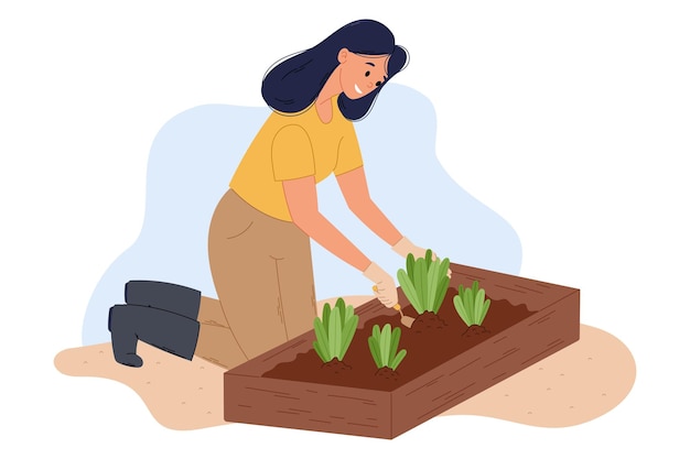 Vrouw in rubberen laarzen en handschoenen zittend op haar knieën tuinieren Groeiende planten in een tuinbed Vector geïsoleerde platte illustratie van landbouw en zaaien