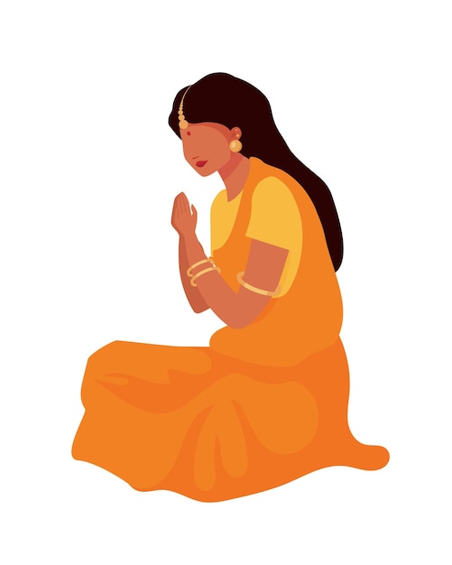 Vrouw in sari bidden semi egale kleur vector karakter. Zittend figuur. Volledige lichaamspersoon op wit. Spiritualiteit isoleerde moderne cartoon-stijlillustratie voor grafisch ontwerp en animatie