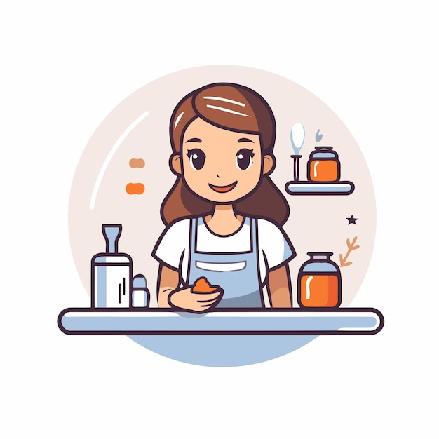 Vrouw in schort koken in de keuken Platte stijl vector illustratie