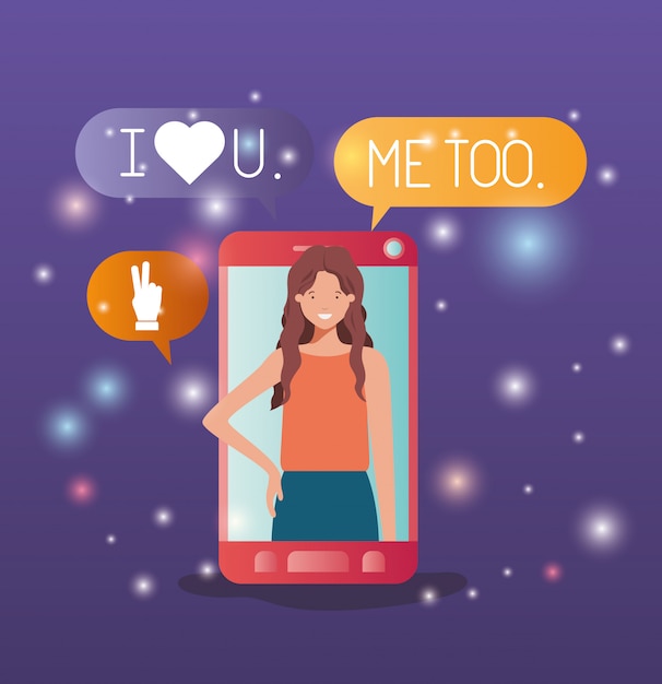 Vrouw in smartphone met sociale media bubbels