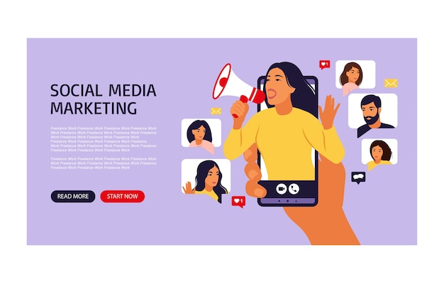 Vrouw in smartphone schreeuwen in luide luidspreker Influencer of sociale marketing webpagina Sociale media account promotie publiek of volgelingen groei