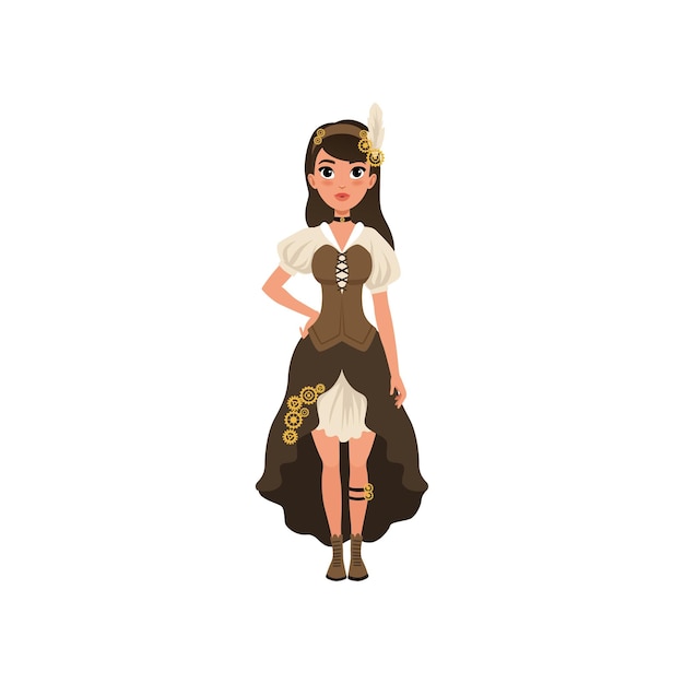 Vector vrouw in steampunk outfit schattig jong meisje dragen blouse met mouwen korset rok met drukte en laarzen fancy kleding voor carnaval of festival mode thema platte vector design geïsoleerd op wit