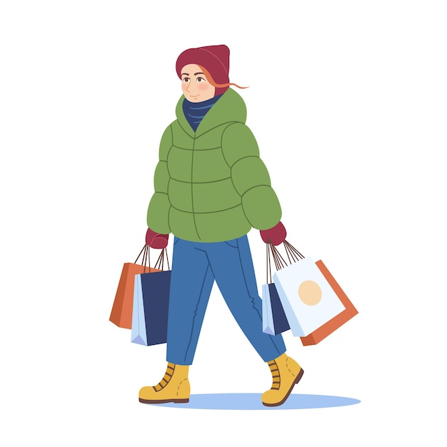 Vrouw in winterkleding gaat met zakken in haar handen winterseizoen winkelen vector illustratie